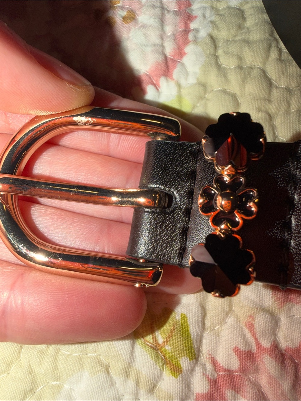 Kate Spade Black Leather Belt with Floral Jewel Accent